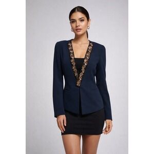 BCBGMAXAZRIA Cain Navy Blue Studded Embellished V-Neck Blazer Jacket Small Lux